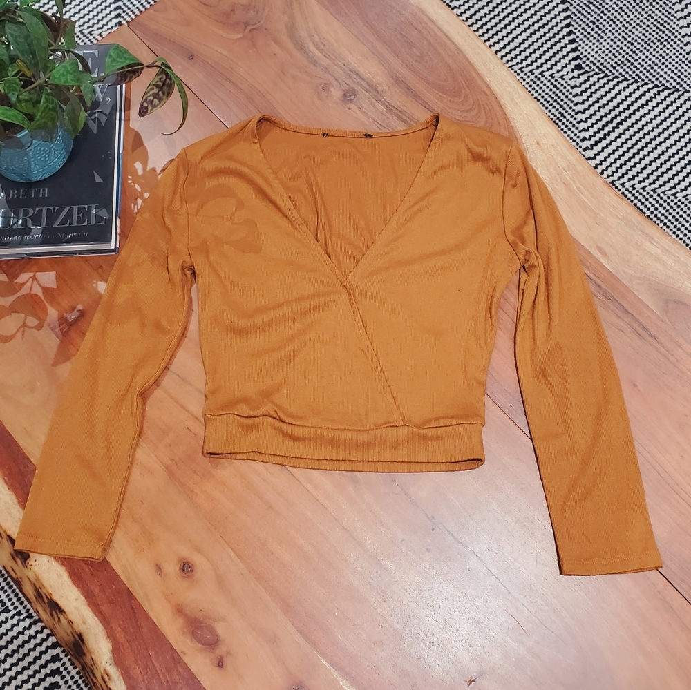 Surplice Crossover Camel Cropped Top